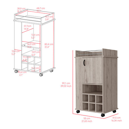 Bar Cart with Casters Reese, Six Wine Cubbies and Single Door, Light Gray Finish-6