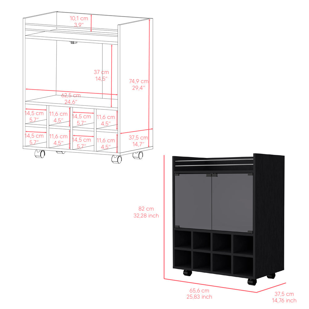 Bar Cart Philadelphia, Slot Bottle Rack, Double Glass Door Showcase and Aluminum-Edged Top, Black Wengue Finish-2