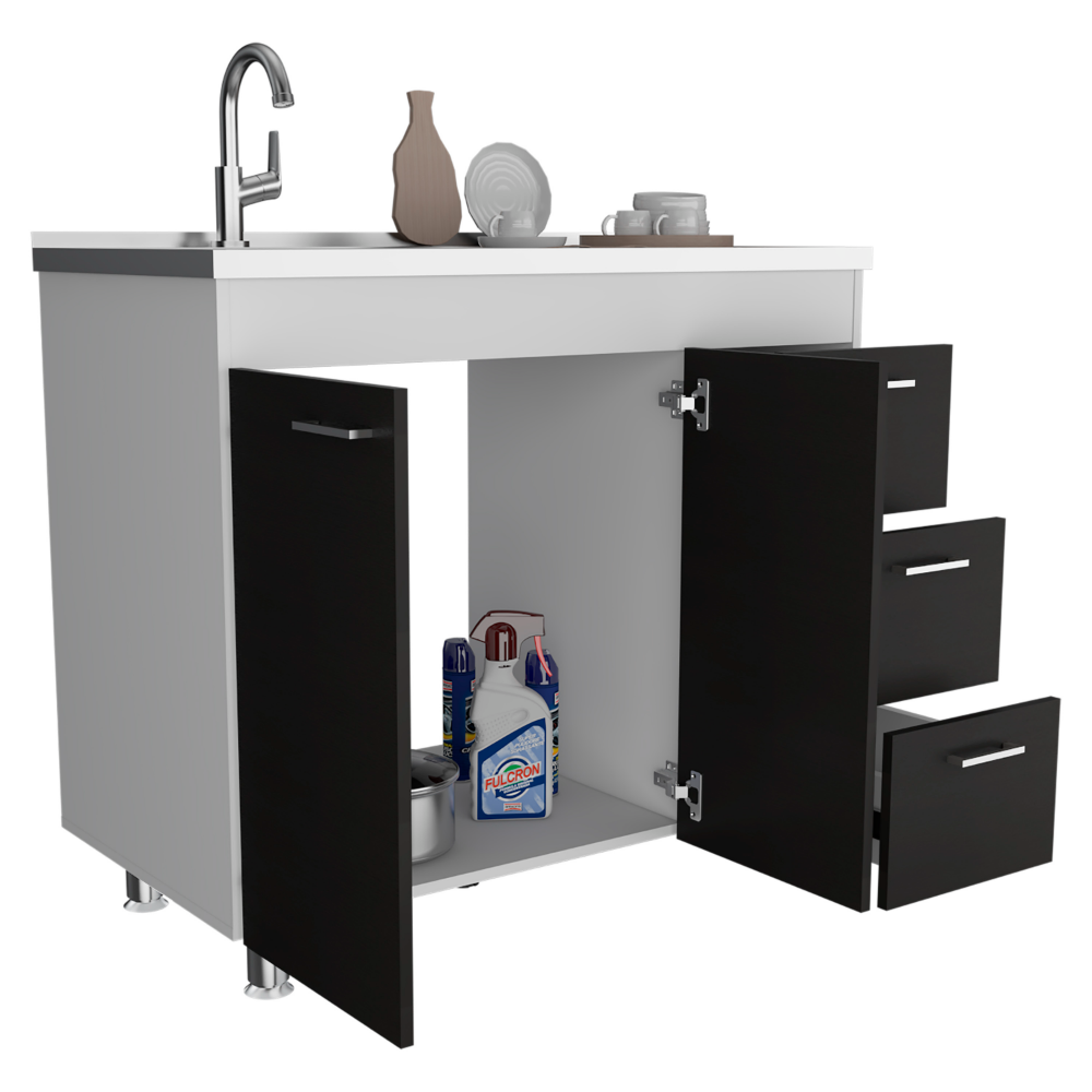 Utility Sink  Kisco, Three Drawers, Double Door, White / Black Wengue Finish-4