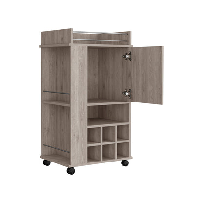 Bar Cart with Casters Reese, Six Wine Cubbies and Single Door, Light Gray Finish-5