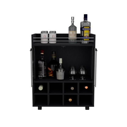 Bar Cart Philadelphia, Slot Bottle Rack, Double Glass Door Showcase and Aluminum-Edged Top, Black Wengue Finish-3