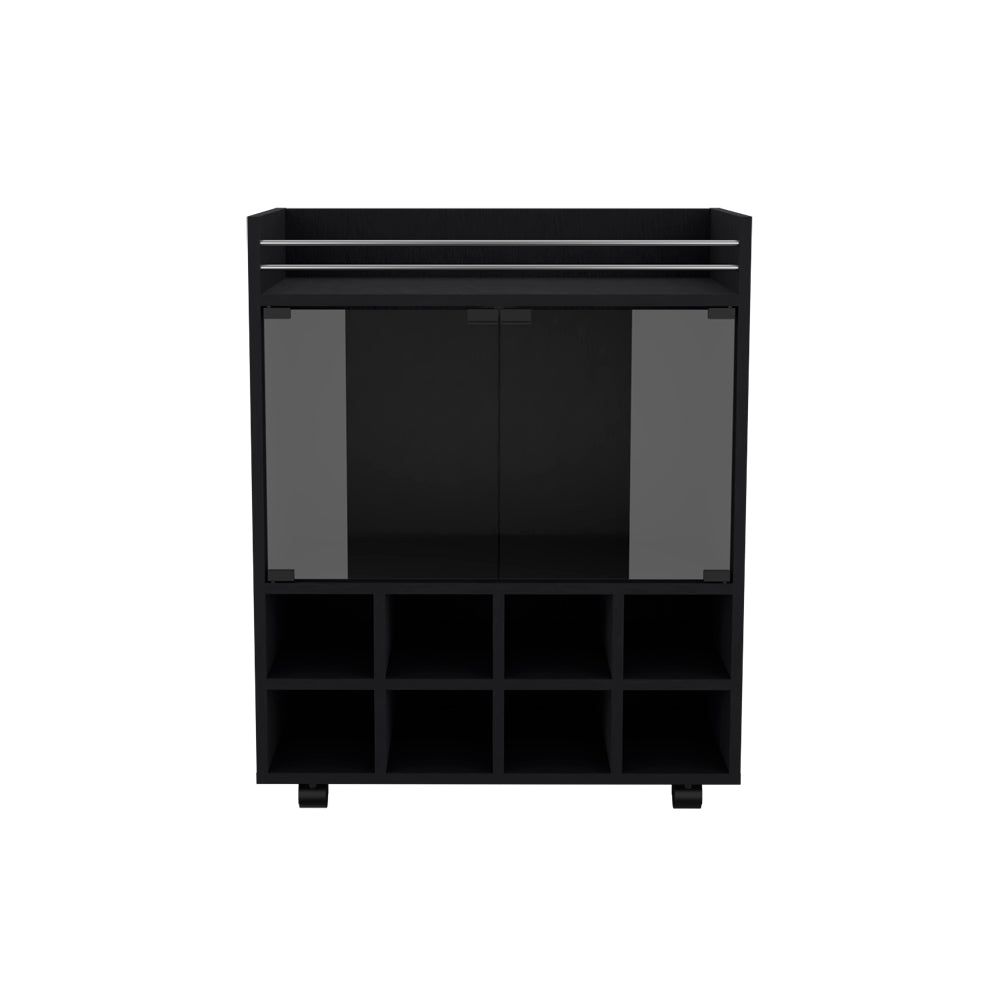 Bar Cart Philadelphia, Slot Bottle Rack, Double Glass Door Showcase and Aluminum-Edged Top, Black Wengue Finish-5