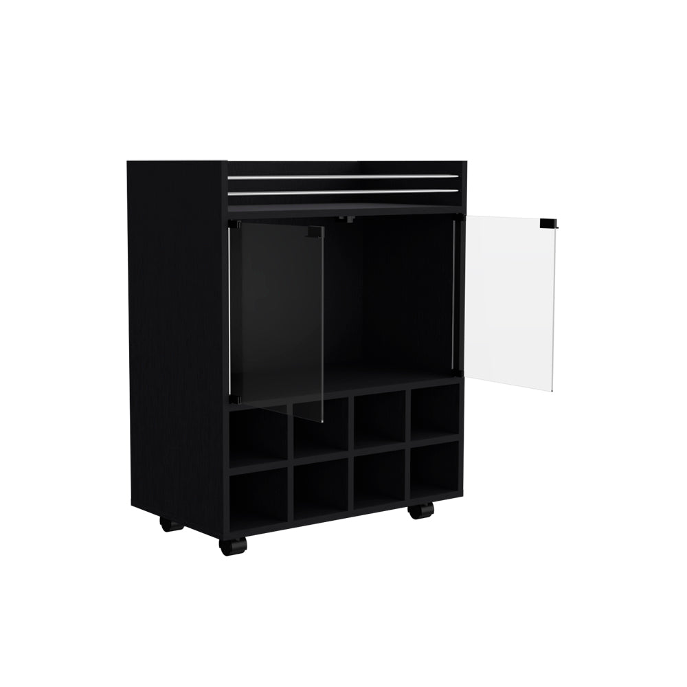 Bar Cart Philadelphia, Slot Bottle Rack, Double Glass Door Showcase and Aluminum-Edged Top, Black Wengue Finish-6