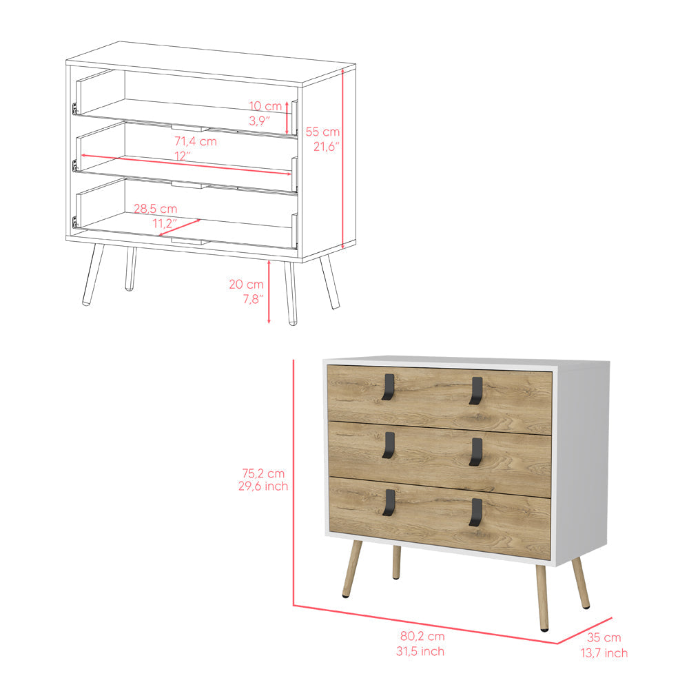 Dresser magness, Three Dawers, Four Legs, White / Macadamia Finish-6