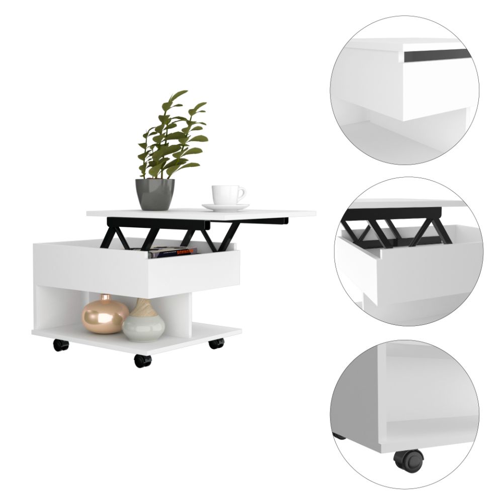 Lift Top Coffee Table Mercuri, Casters, White Finish-6