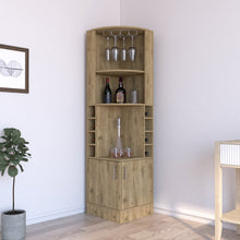 Load image into Gallery viewer, Corner Bar Cabinet Papprika, 8 Wine Cubbies, Double Door, Aged Oak Finish-0
