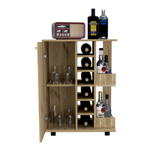 Load image into Gallery viewer, Bar Cart Wells, Four Casters, Six Wine Cubbies, Single Door Cabinet, Light Oak Finish-2
