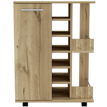 Load image into Gallery viewer, Bar Cart Wells, Four Casters, Six Wine Cubbies, Single Door Cabinet, Light Oak Finish-3
