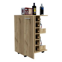 Load image into Gallery viewer, Bar Cart Wells, Four Casters, Six Wine Cubbies, Single Door Cabinet, Light Oak Finish-4
