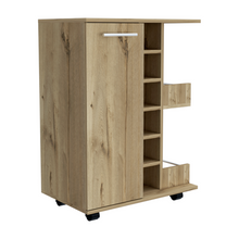 Load image into Gallery viewer, Bar Cart Wells, Four Casters, Six Wine Cubbies, Single Door Cabinet, Light Oak Finish-5
