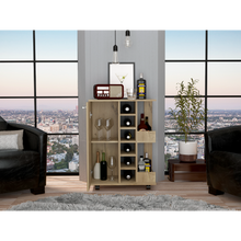 Load image into Gallery viewer, Bar Cart Wells, Four Casters, Six Wine Cubbies, Single Door Cabinet, Light Oak Finish-1
