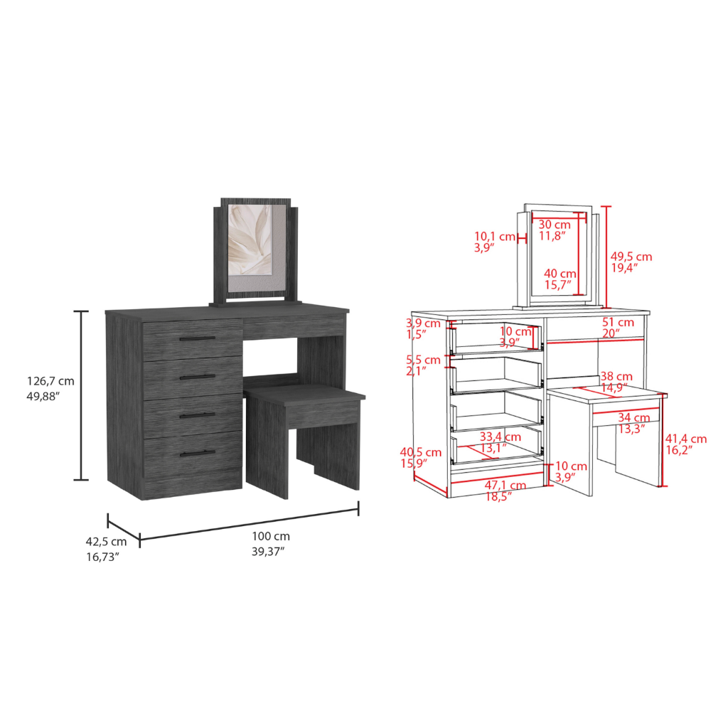 Makeup Dressing Table Roxx, Four Drawers, One Mirror, Stool, Smokey Oak Finish-4