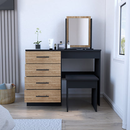 Makeup Dressing Table Roxx, Four Drawers, One Mirror, Stool, Black Wengue / Pine Finish-1