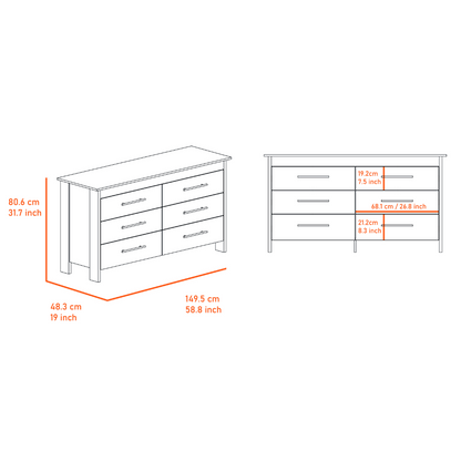 6 Drawer Double Dresser Wezz, Four Legs, Superior Top, White Finish-5