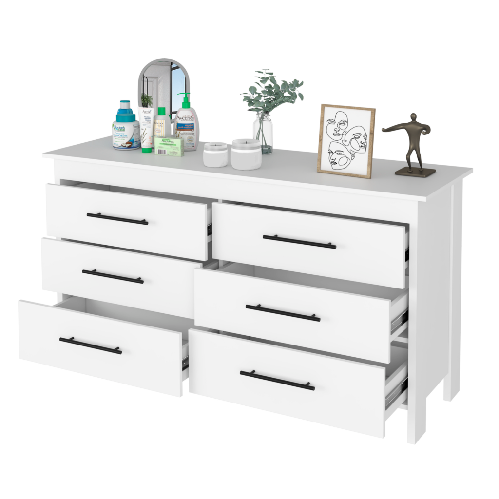 6 Drawer Double Dresser Wezz, Four Legs, Superior Top, White Finish-2