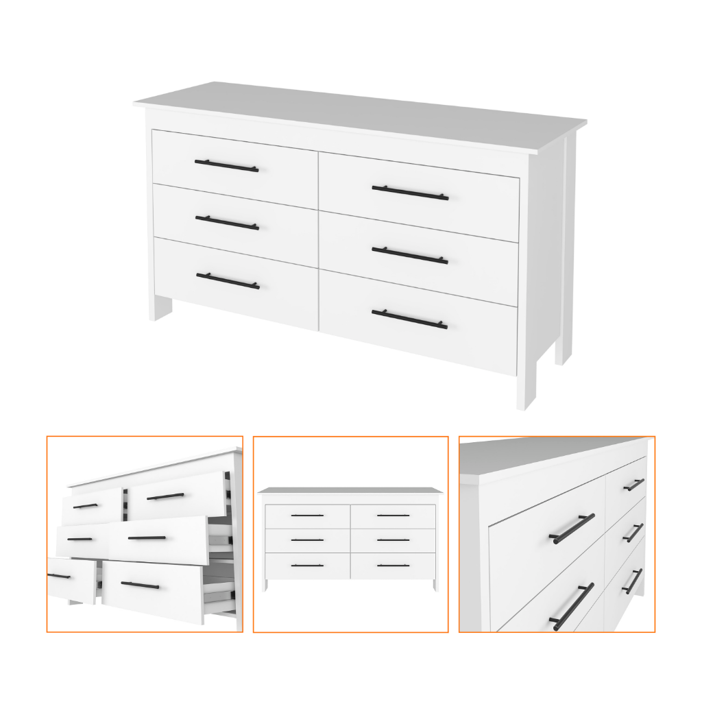 6 Drawer Double Dresser Wezz, Four Legs, Superior Top, White Finish-4