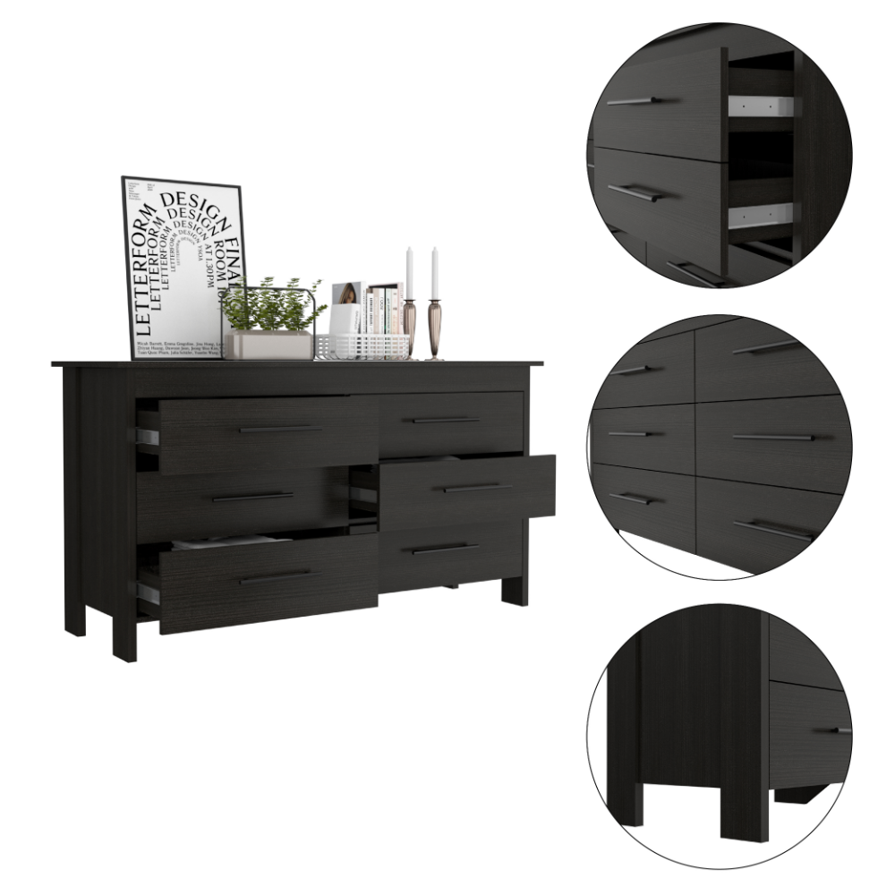 6 Drawer Double Dresser Wezz, Four Legs, Superior Top, Black Wengue Finish-6