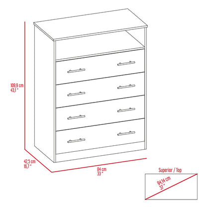 Four Drawer Dresser Wuju, One Shelf, Light Gray / White Finish-7