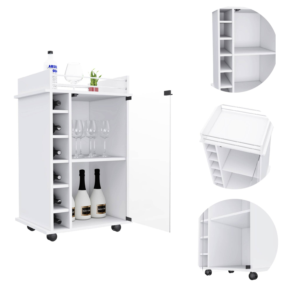 Bar Cart Baltimore, Six Wine Cubbies, Glass Door, Four Caster, Two Shelves, White Finish-6