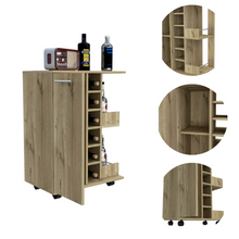 Load image into Gallery viewer, Bar Cart Wells, Four Casters, Six Wine Cubbies, Single Door Cabinet, Light Oak Finish-6
