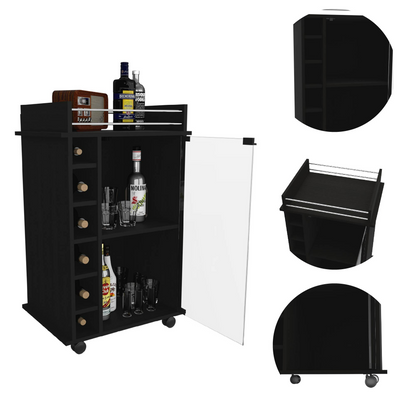 Bar Cart Baltimore, Two Tier Cabinet With Glass Door, Six Wine Cubbies, Black Wengue Finish-6