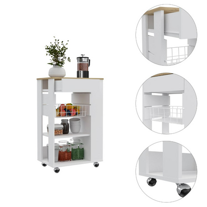 Kitchen Cart Sonex, One Drawer, Two Open Shelves, Four Casters, White / Light Oak Finish-2